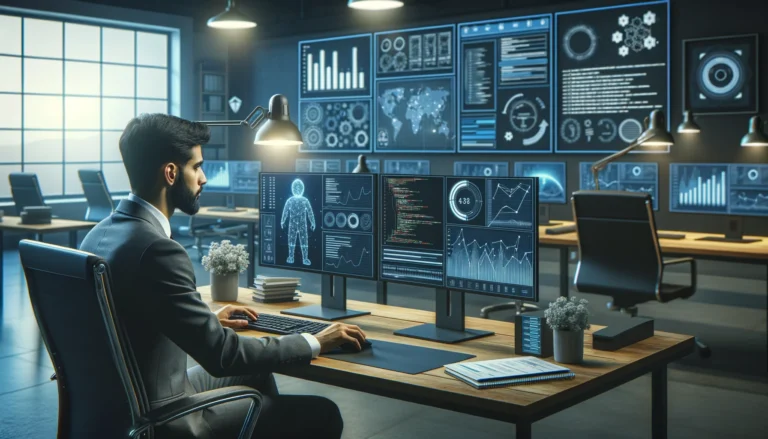 Profissional em escritório moderno usando computador com telas de gráficos, códigos e automação, refletindo n8n revolução automação ia