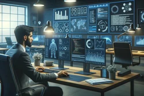 Profissional em escritório moderno usando computador com telas de gráficos, códigos e automação, refletindo n8n revolução automação ia